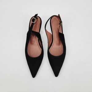 Souliers Martinez Black Pointed Toe Wooden Kitten Heel Slingback Size 8 EU 39
